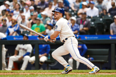 Jul 16, 2023; Seattle, Washington, USA; Seattle Mariners left fielder Jarred Kelenic (10) hits an RBI-double against the Detroit Tigers during the first inning at T-Mobile Park.