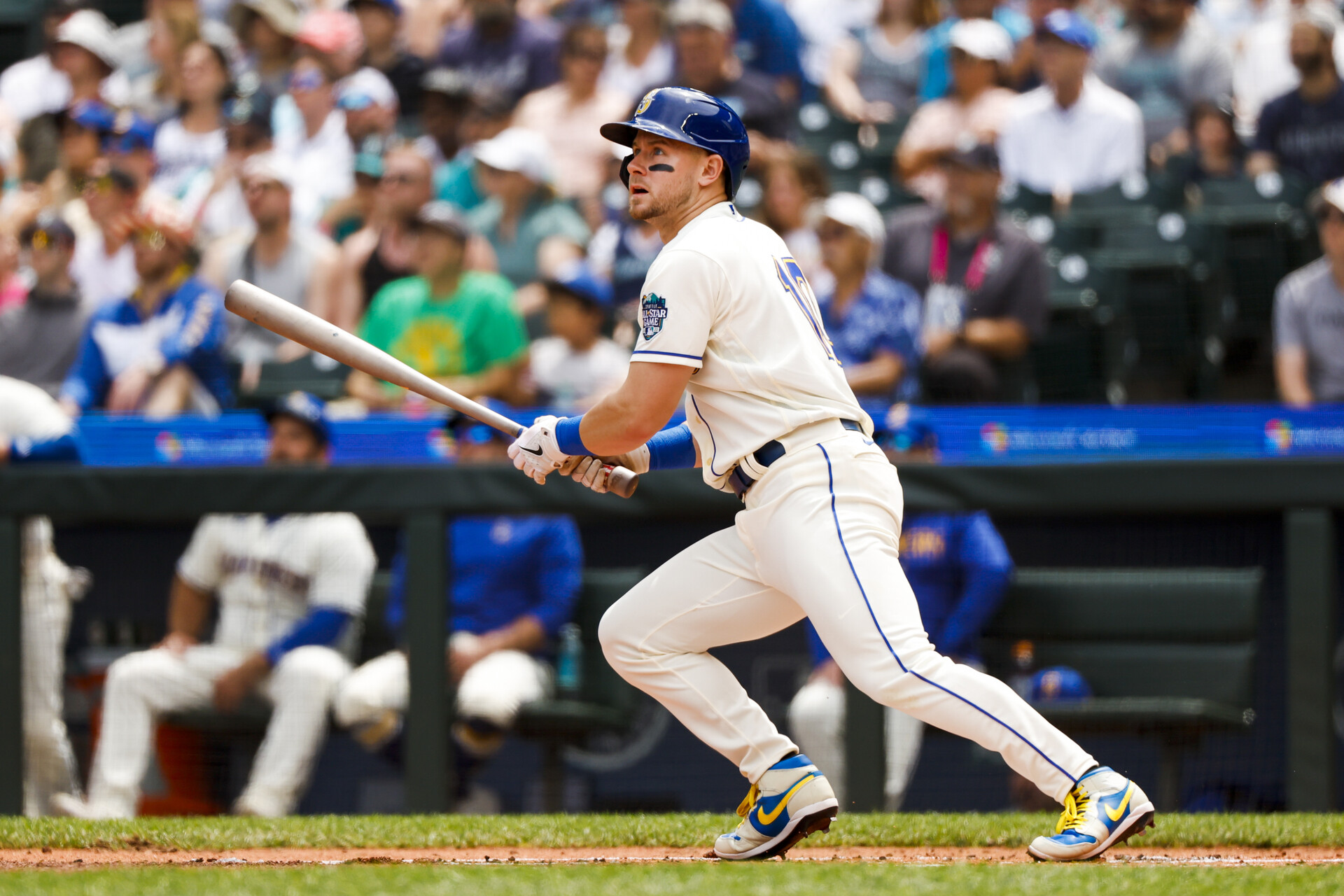 Jul 16, 2023; Seattle, Washington, USA; Seattle Mariners left fielder Jarred Kelenic (10) hits an RBI-double against the Detroit Tigers during the first inning at T-Mobile Park.