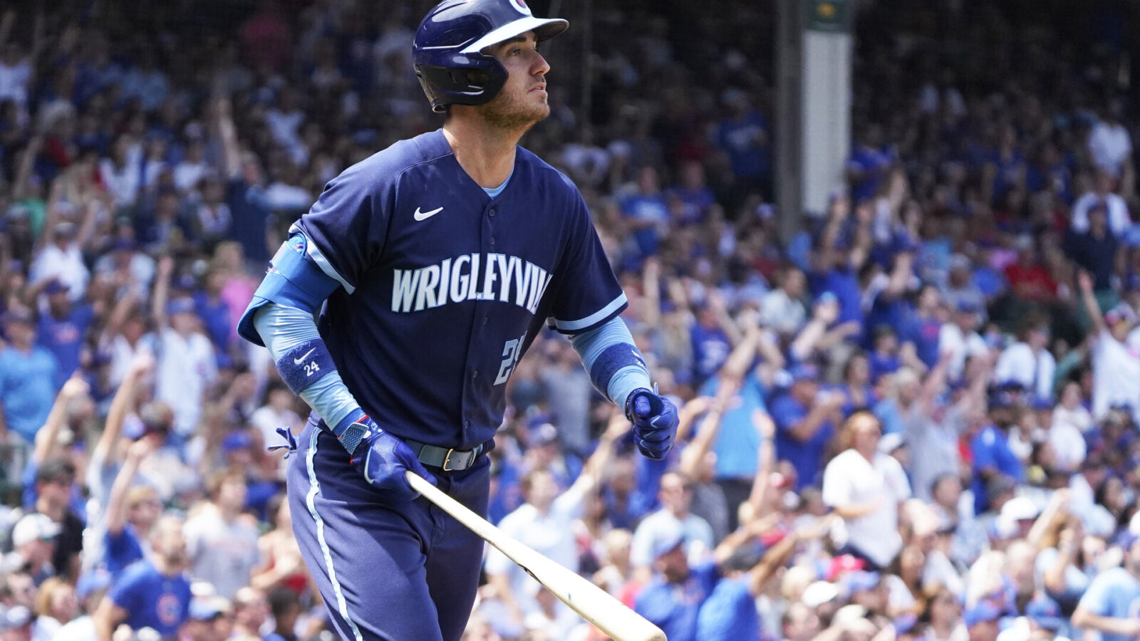 Jul 21, 2023; Chicago, Illinois, USA; Chicago Cubs first baseman Cody Bellinger (24) hits a two-run home run against the St. Louis Cardinals during the third inning at Wrigley Field.