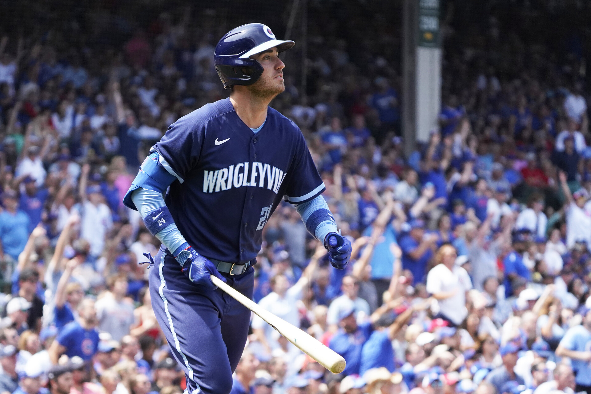 Jul 21, 2023; Chicago, Illinois, USA; Chicago Cubs first baseman Cody Bellinger (24) hits a two-run home run against the St. Louis Cardinals during the third inning at Wrigley Field.