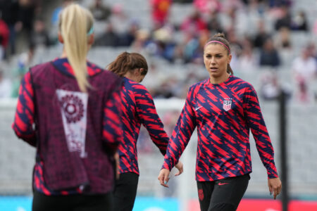 USA forward Alex Morgan (13) warms up before playing against Vietnam in a group stage match in the 2023 FIFA Women's World Cup at Eden Park.
