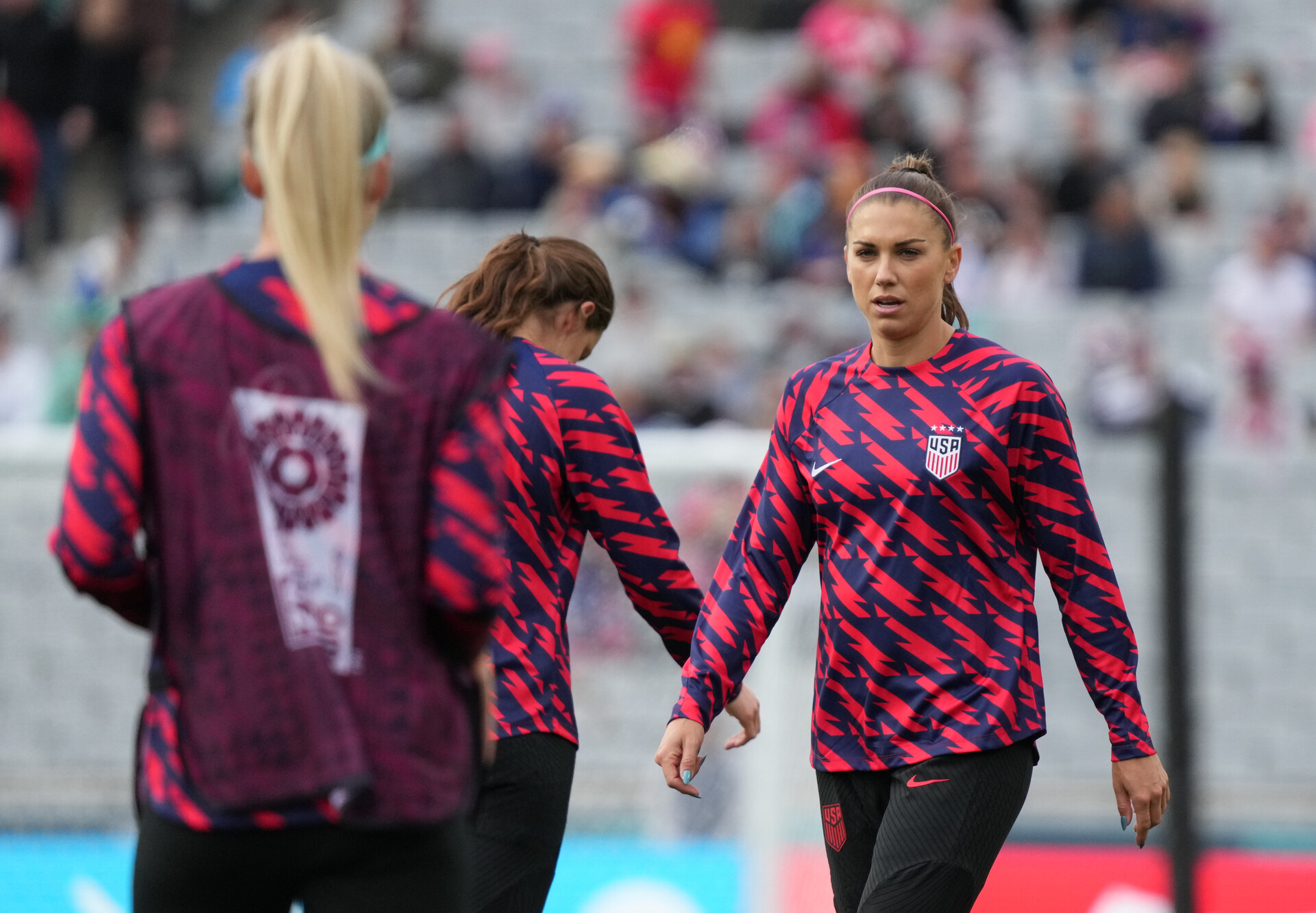 USA forward Alex Morgan (13) warms up before playing against Vietnam in a group stage match in the 2023 FIFA Women's World Cup at Eden Park.