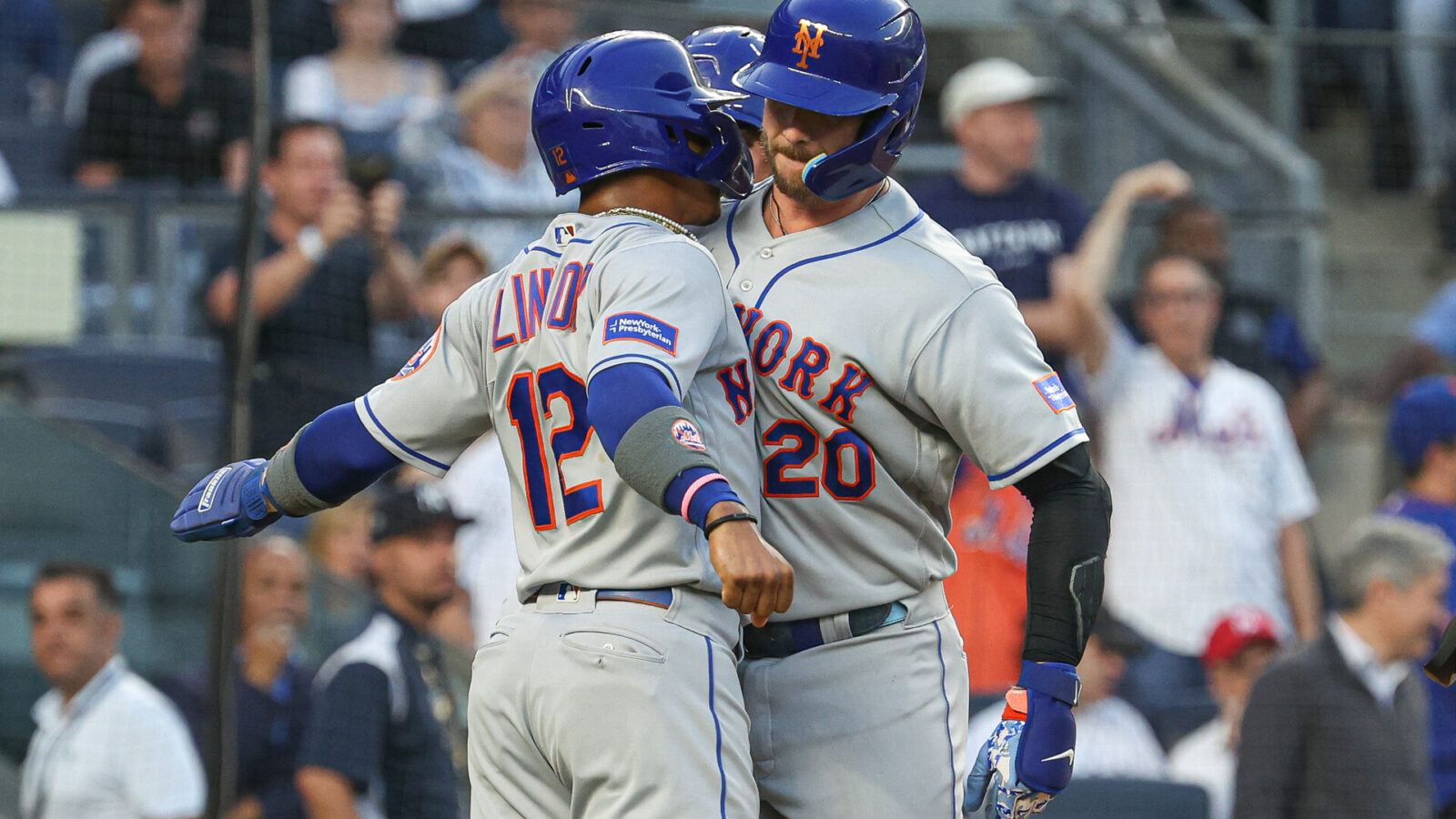 Jul 25, 2023; Bronx, New York, USA; New York Mets first baseman Pete Alonso (20) celebrates his three run home run with shortstop Francisco Lindor (12) and second baseman Jeff McNeil (1) during the third inning against the New York Yankees at Yankee Stadium.