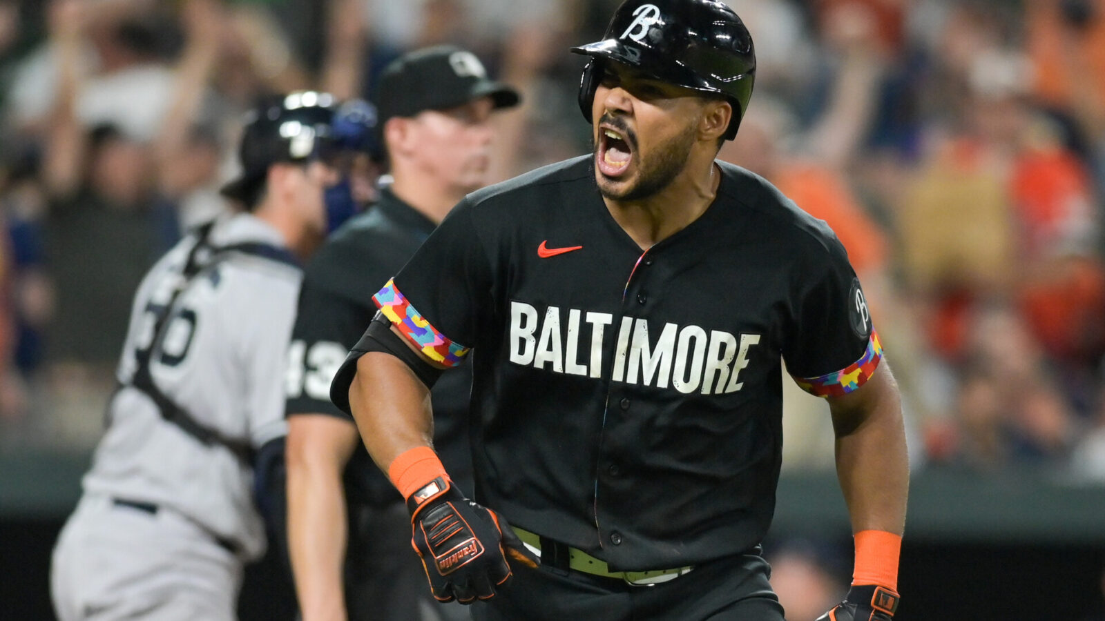Baltimore Orioles right fielder Anthony Santander (25) reacts after hitting a walk off home run in the ninth inning against the New York Yankees at Oriole Park at Camden Yards.