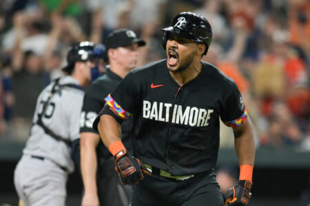 Baltimore Orioles right fielder Anthony Santander (25) reacts after hitting a walk off home run in the ninth inning against the New York Yankees at Oriole Park at Camden Yards.
