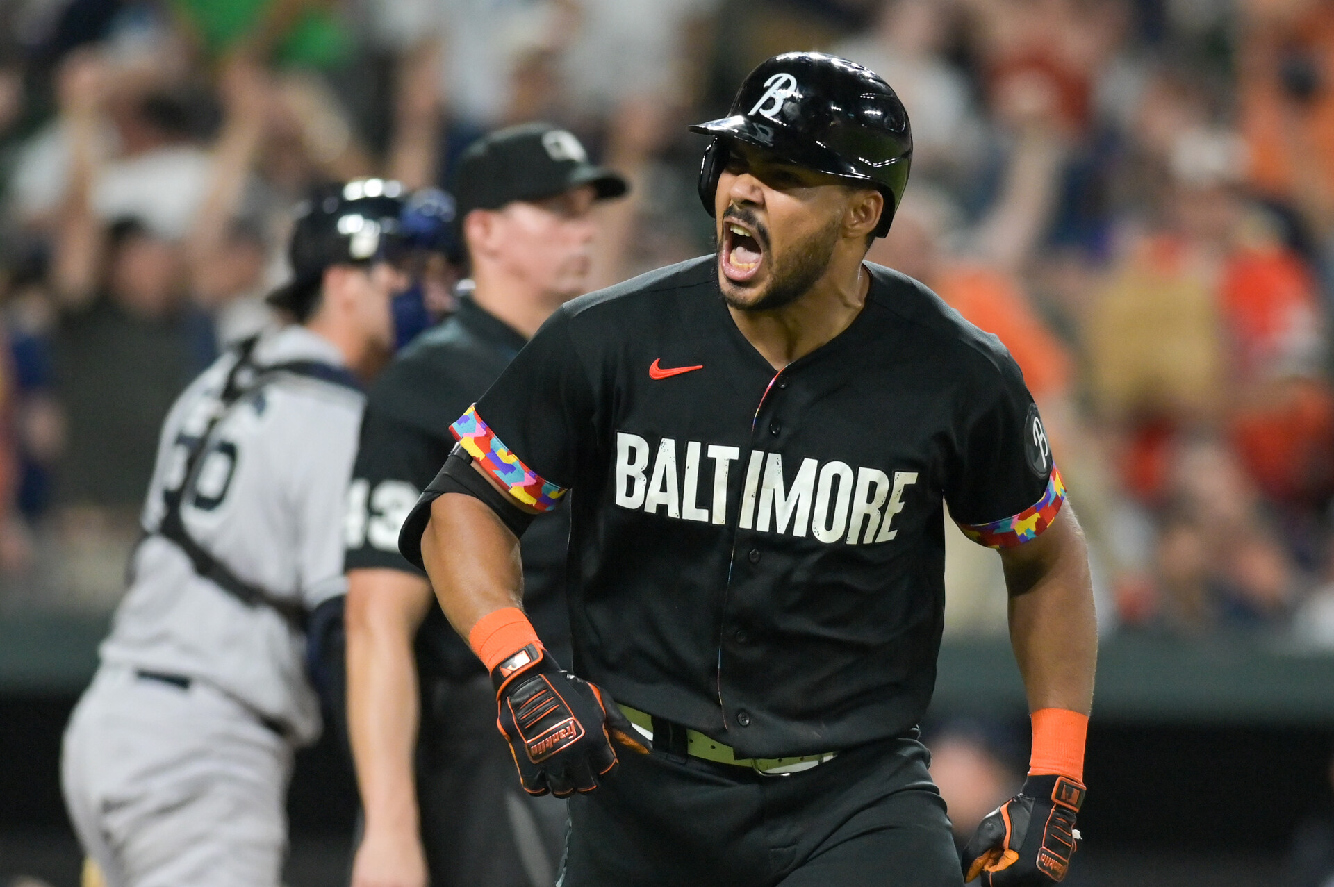 Baltimore Orioles right fielder Anthony Santander (25) reacts after hitting a walk off home run in the ninth inning against the New York Yankees at Oriole Park at Camden Yards.