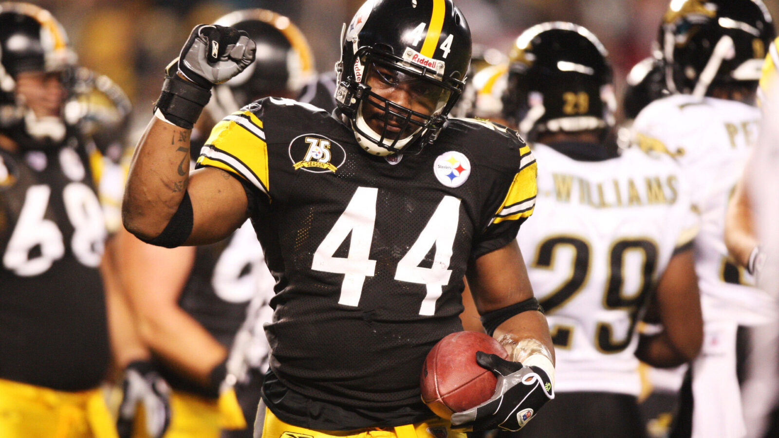 Pittsburgh Steelers running back (44) Najeh Davenport reacts to scoring a first quarter touchdown against the Jacksonville Jaguars during the AFC Wild Card playoff game at Heinz Field in Pittsburgh, PA.