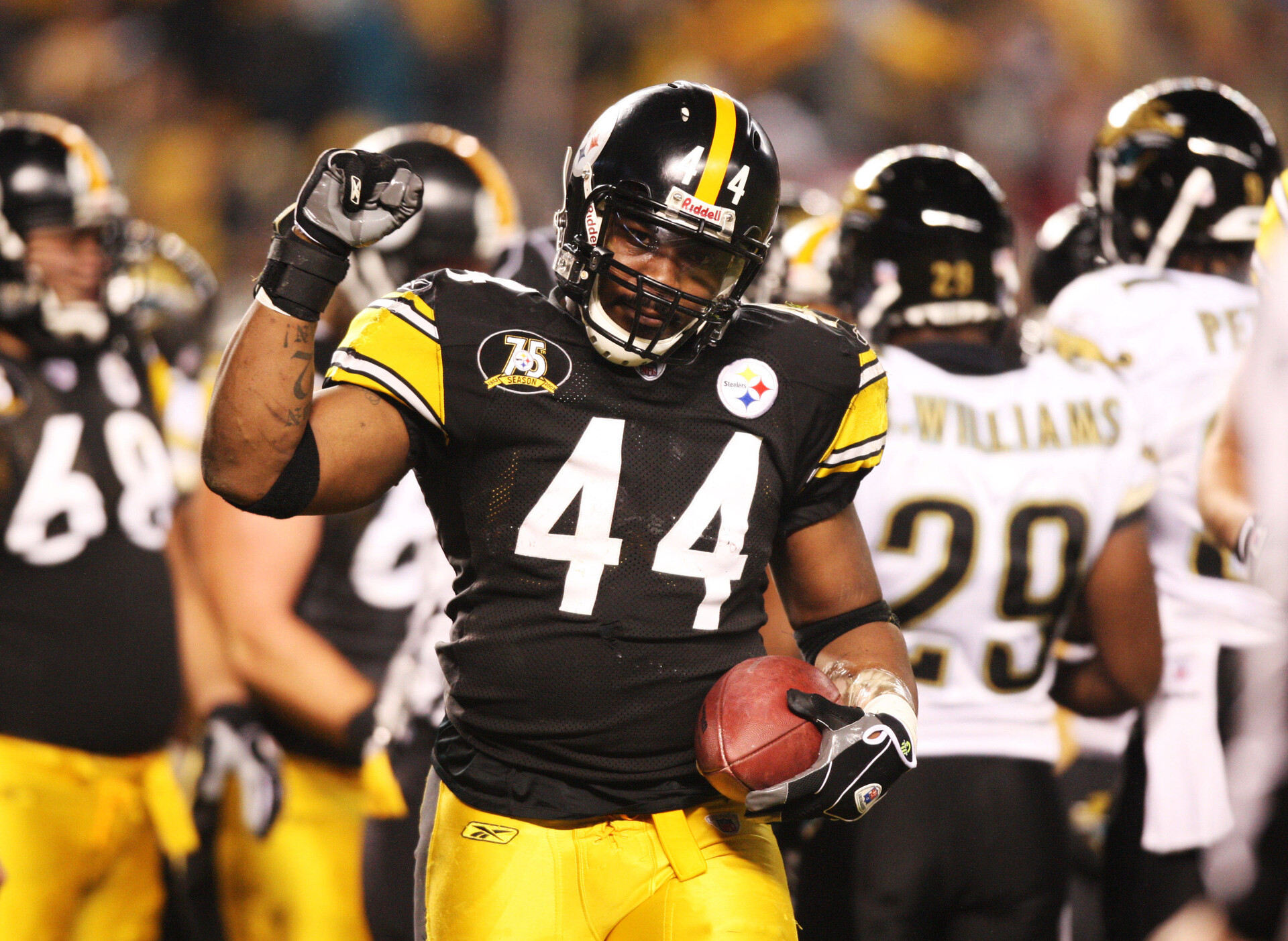 Pittsburgh Steelers running back (44) Najeh Davenport reacts to scoring a first quarter touchdown against the Jacksonville Jaguars during the AFC Wild Card playoff game at Heinz Field in Pittsburgh, PA.