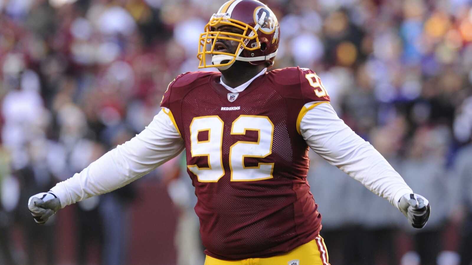 Washington Redskins defensive tackle Albert Haynesworth (92) reacts after a play against the Minnesota Vikings during the second half at FedEx Field.