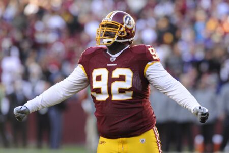 Washington Redskins defensive tackle Albert Haynesworth (92) reacts after a play against the Minnesota Vikings during the second half at FedEx Field.