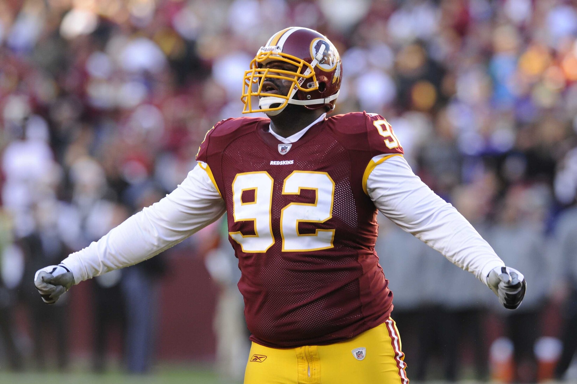 Washington Redskins defensive tackle Albert Haynesworth (92) reacts after a play against the Minnesota Vikings during the second half at FedEx Field.