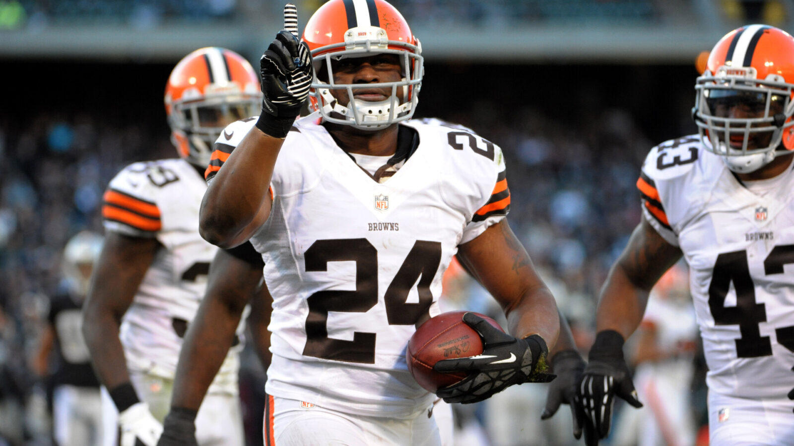 Cleveland Browns defensive back Sheldon Brown (24) reacts after intercepting pass in the fourth quarter against the Oakland Raiders at the O.co Coliseum. The Browns defeated the Raiders 20-17.