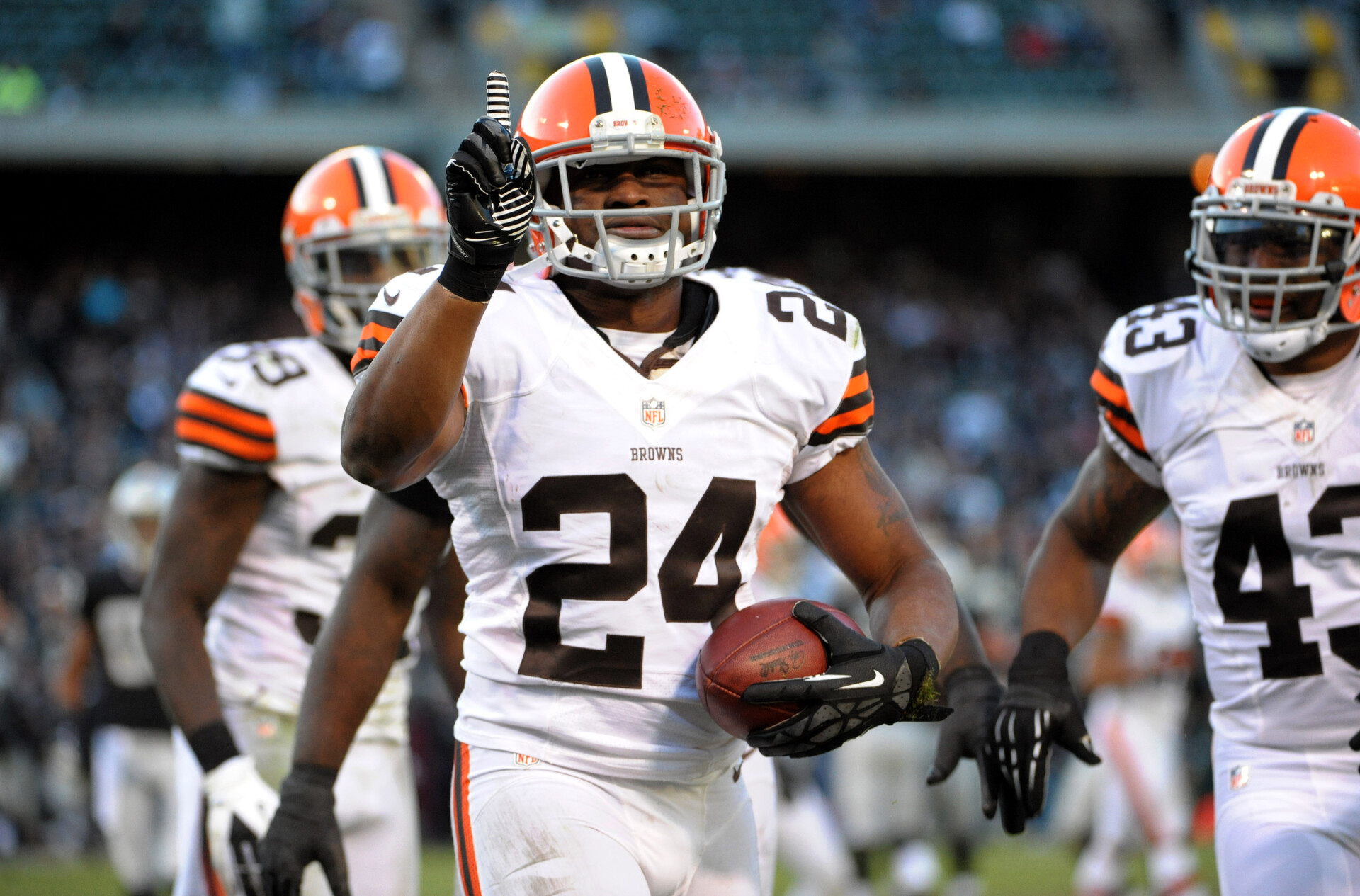 Cleveland Browns defensive back Sheldon Brown (24) reacts after intercepting pass in the fourth quarter against the Oakland Raiders at the O.co Coliseum. The Browns defeated the Raiders 20-17.