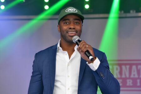 New York Jets former running back Curtis Martin speaks to the crowd during the 2015 NFL International Series Fan Rally at Trafalgar Square.