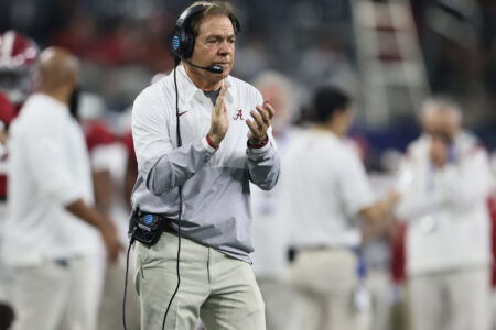 Dec 31, 2021; Arlington, Texas, USA; Alabama Crimson Tide head coach Nick Saban on the sidelines during the second quarter against the Cincinnati Bearcats during the 2021 Cotton Bowl college football CFP national semifinal game at AT&T Stadium.