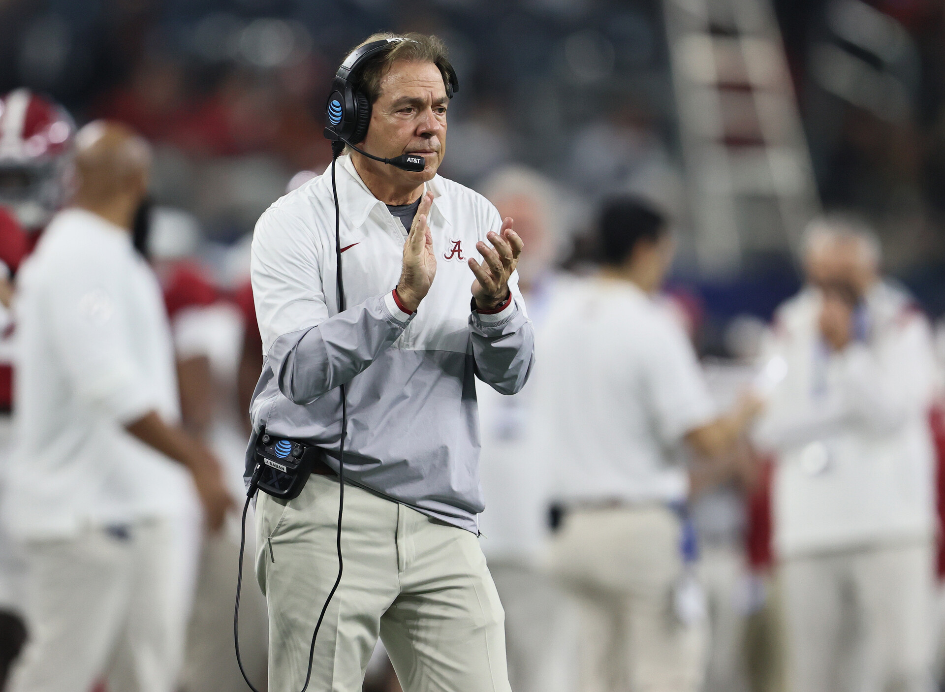 Dec 31, 2021; Arlington, Texas, USA; Alabama Crimson Tide head coach Nick Saban on the sidelines during the second quarter against the Cincinnati Bearcats during the 2021 Cotton Bowl college football CFP national semifinal game at AT&T Stadium.