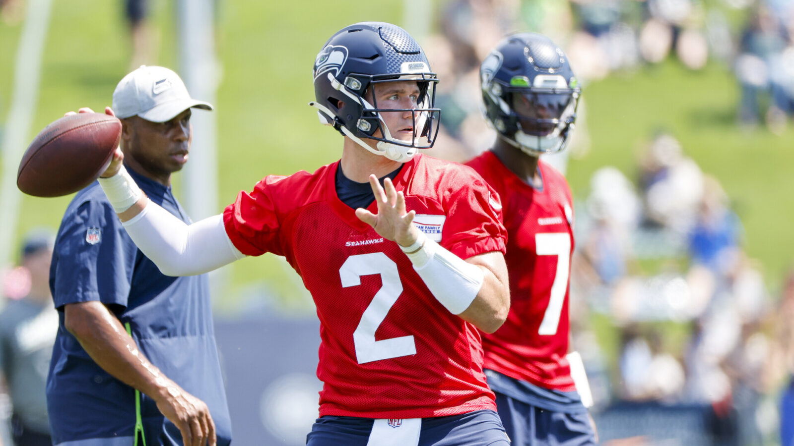 Seattle Seahawks quarterback Drew Lock (2) passes during training camp practice at Virginia Mason Athletic Center.