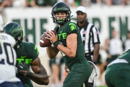 Michigan State's Katin Houser looks to throw against Akron during the fourth quarter on Saturday, Sept. 10, 2022, at Spartan Stadium in East Lansing.