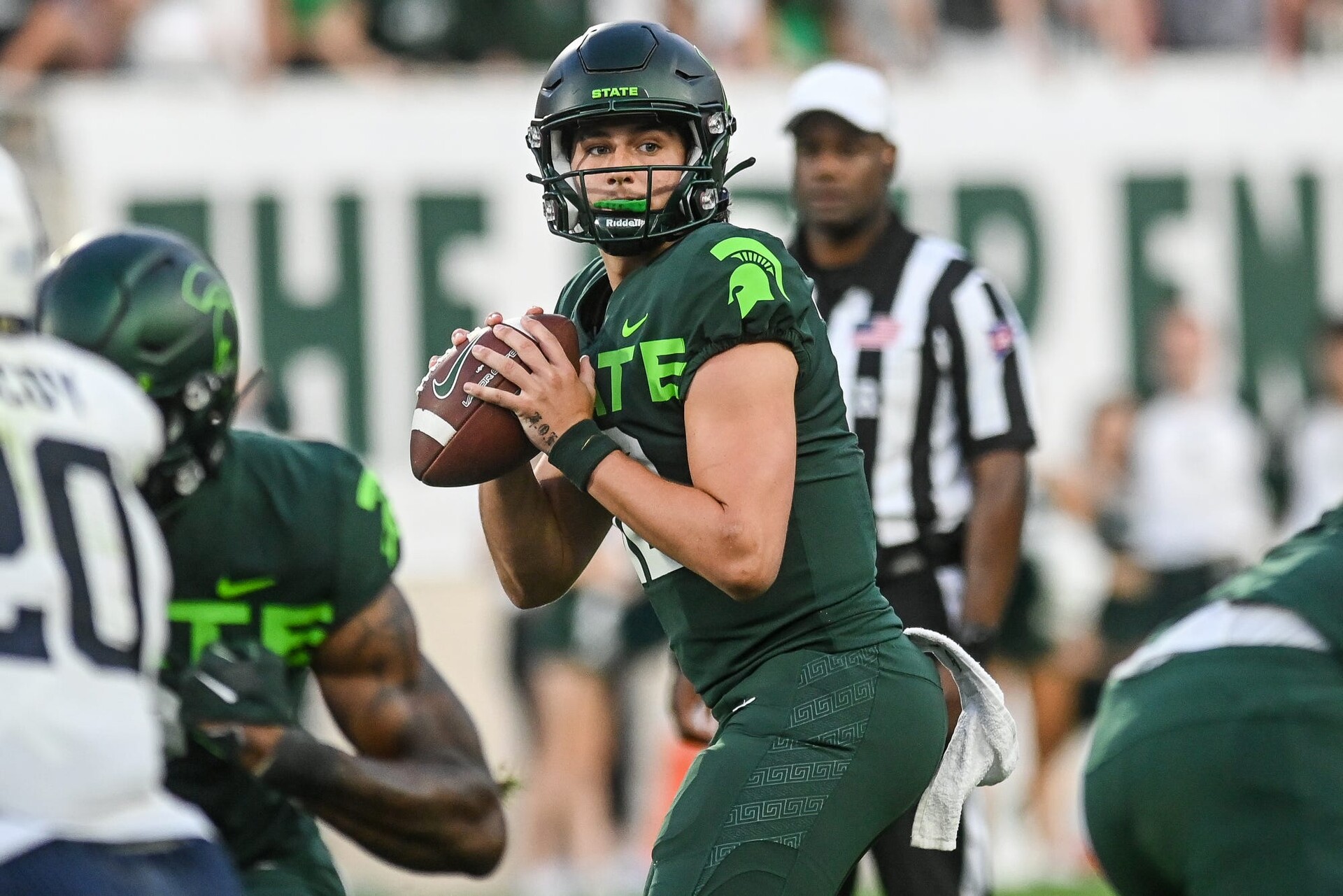 Michigan State's Katin Houser looks to throw against Akron during the fourth quarter on Saturday, Sept. 10, 2022, at Spartan Stadium in East Lansing.