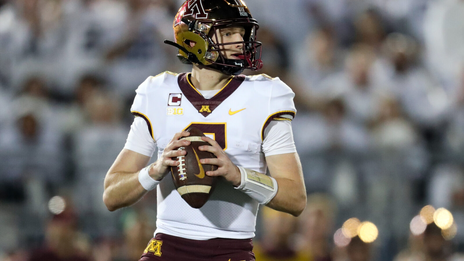 Minnesota Golden Gophers quarterback Athan Kaliakmanis (8) drops back in the pocket during the second quarter against the Penn State Nittany Lions at Beaver Stadium.
