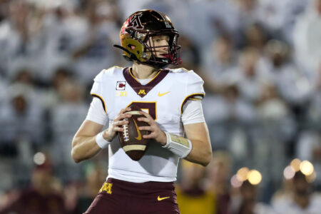 Minnesota Golden Gophers quarterback Athan Kaliakmanis (8) drops back in the pocket during the second quarter against the Penn State Nittany Lions at Beaver Stadium.