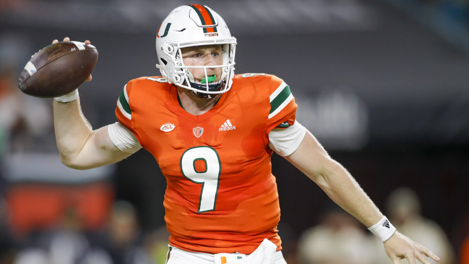 Miami Hurricanes quarterback Tyler Van Dyke (9) throws the football during the second quarter against the Florida State Seminoles at Hard Rock Stadium.