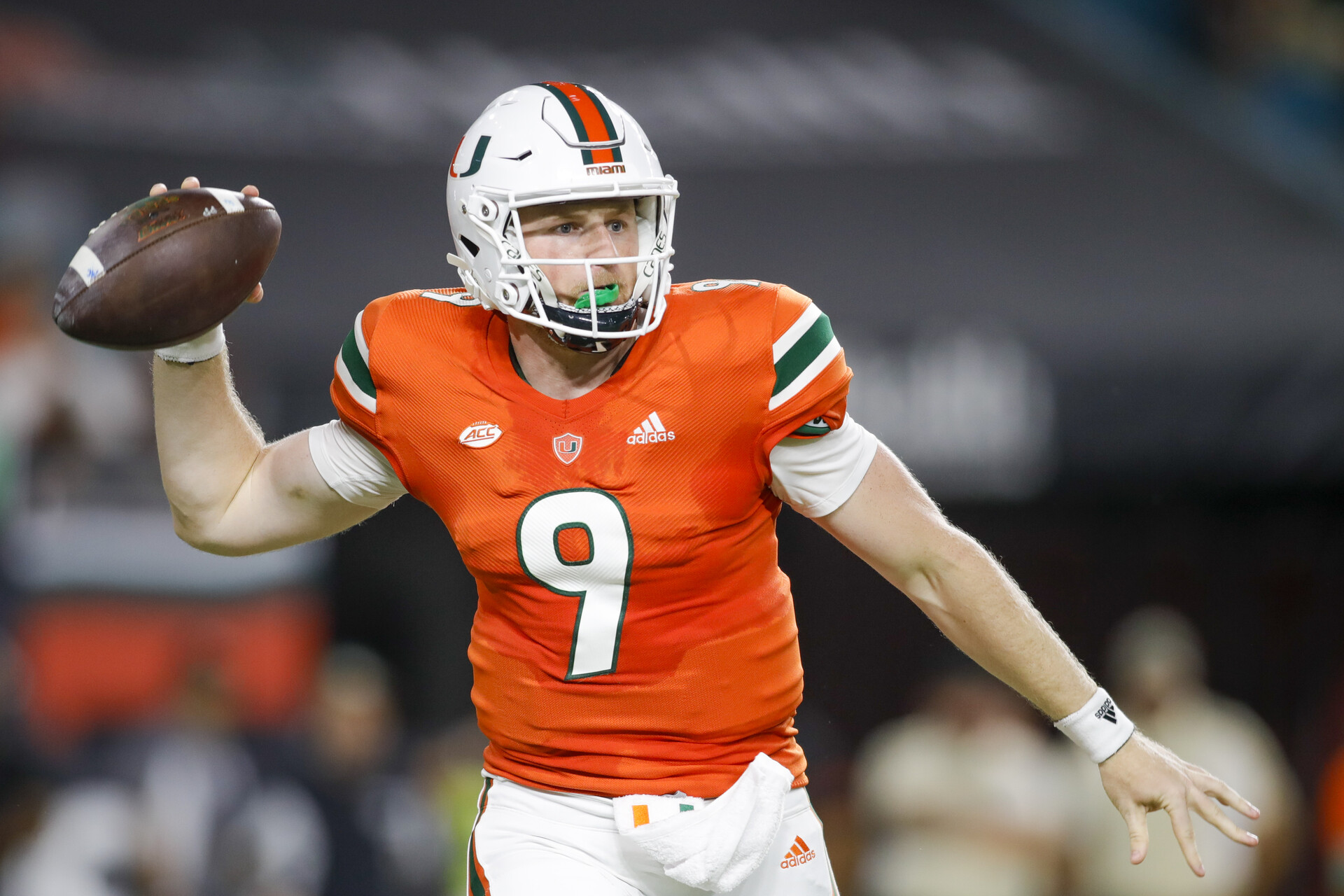 Miami Hurricanes quarterback Tyler Van Dyke (9) throws the football during the second quarter against the Florida State Seminoles at Hard Rock Stadium.