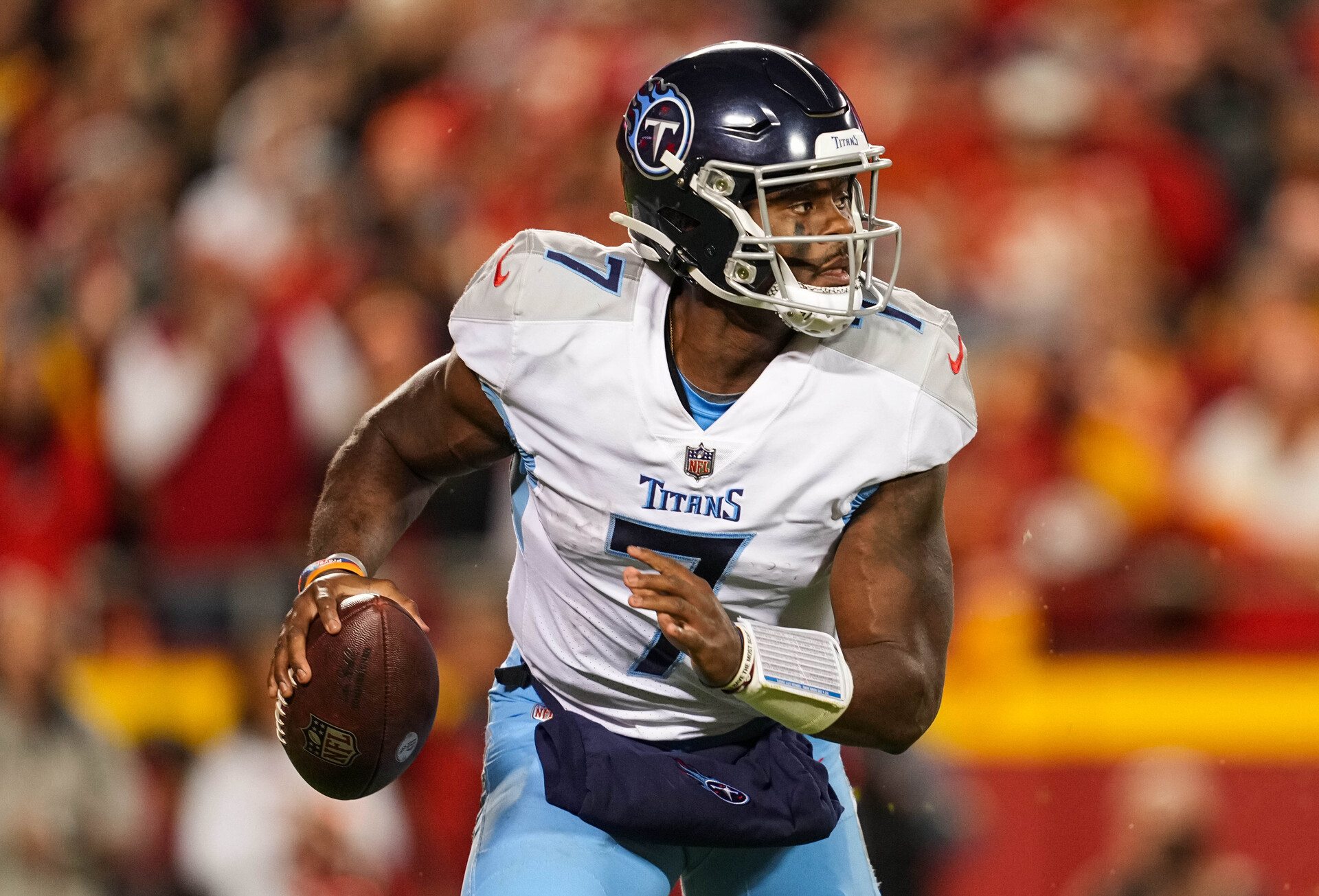 Tennessee Titans quarterback Malik Willis (7) during the second half against the Kansas City Chiefs at GEHA Field at Arrowhead Stadium.