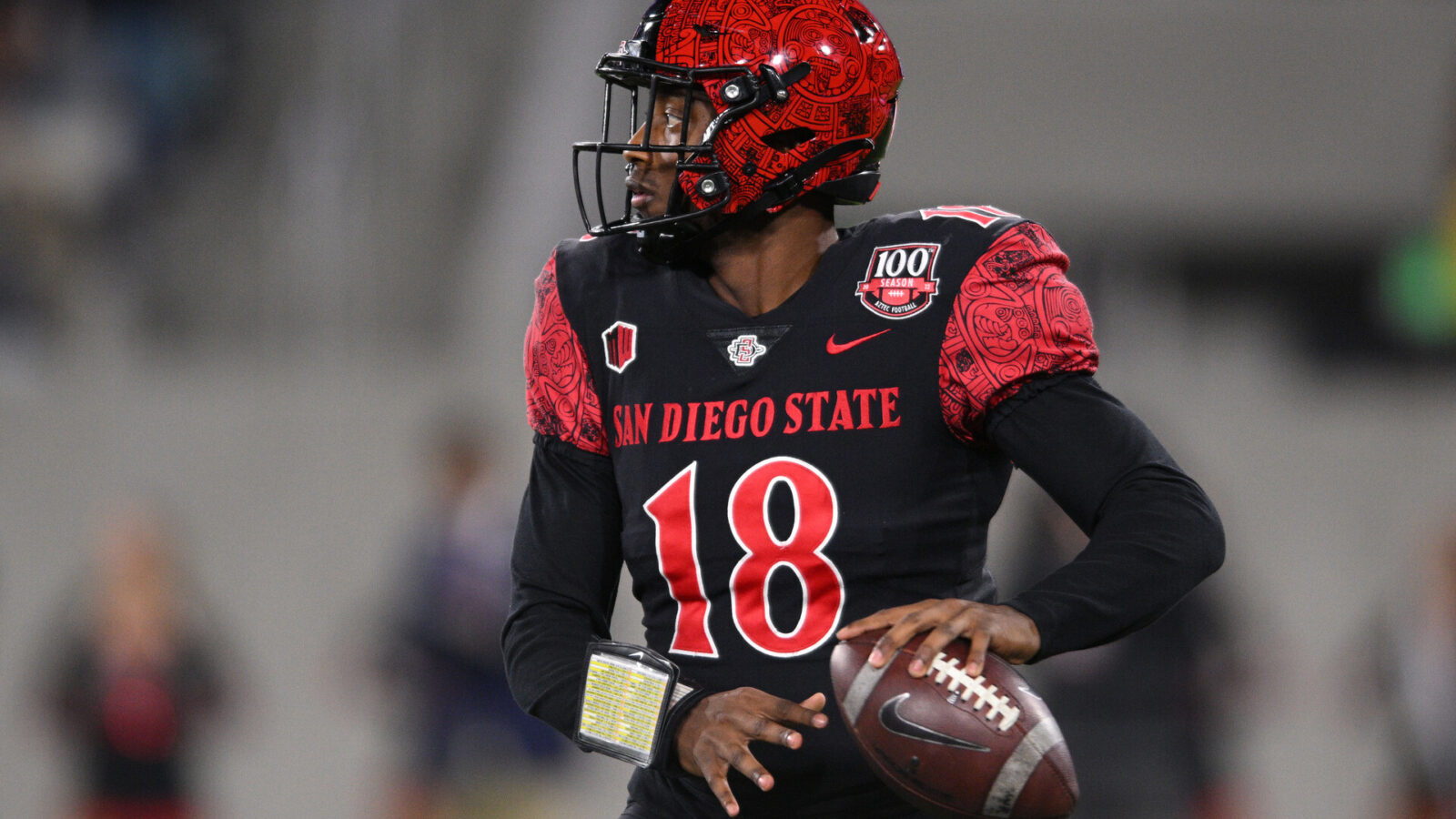 San Diego State Aztecs quarterback Jalen Mayden (18) throws a pass against the Air Force Falcons during the first half at Snapdragon Stadium.