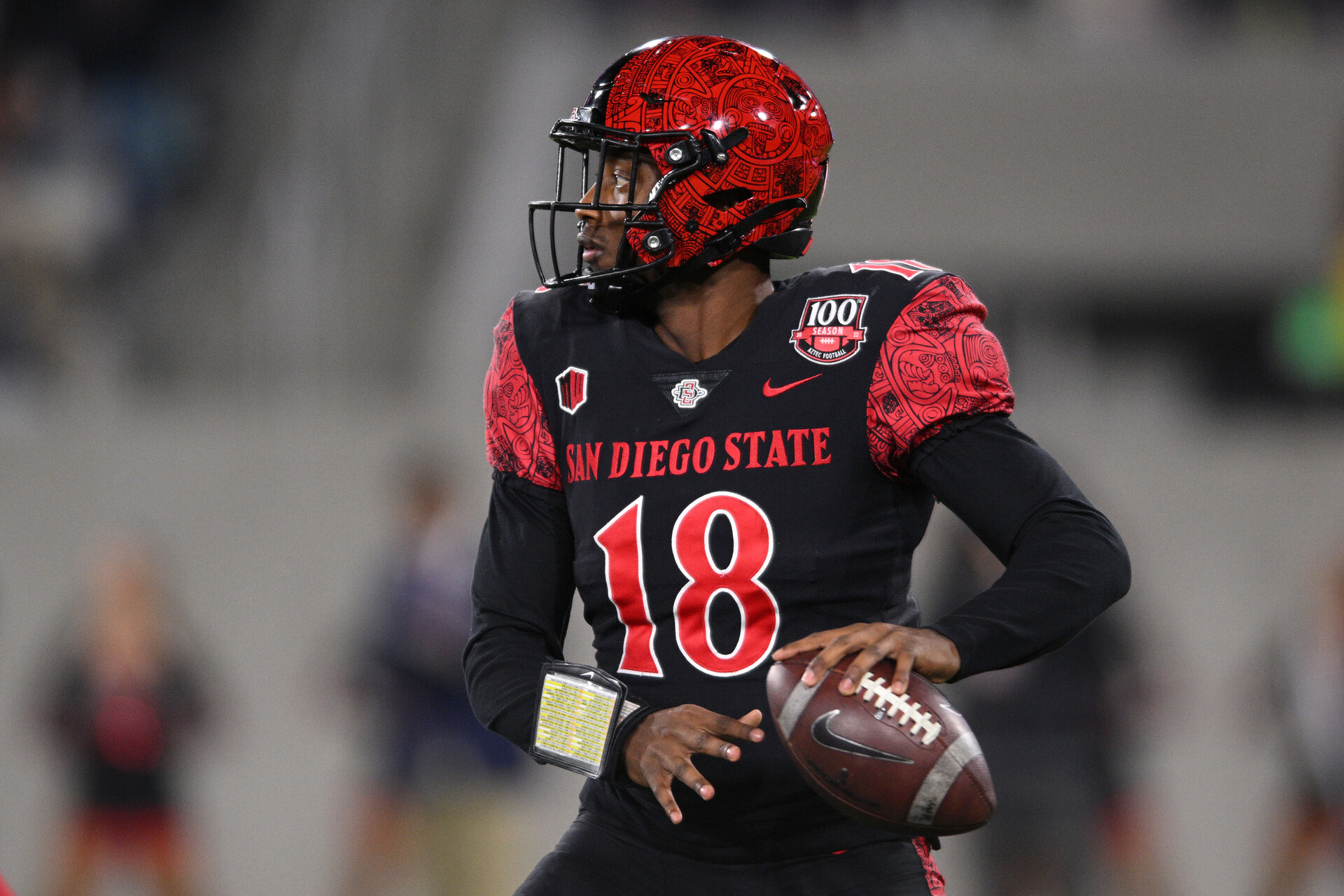 San Diego State Aztecs quarterback Jalen Mayden (18) throws a pass against the Air Force Falcons during the first half at Snapdragon Stadium.