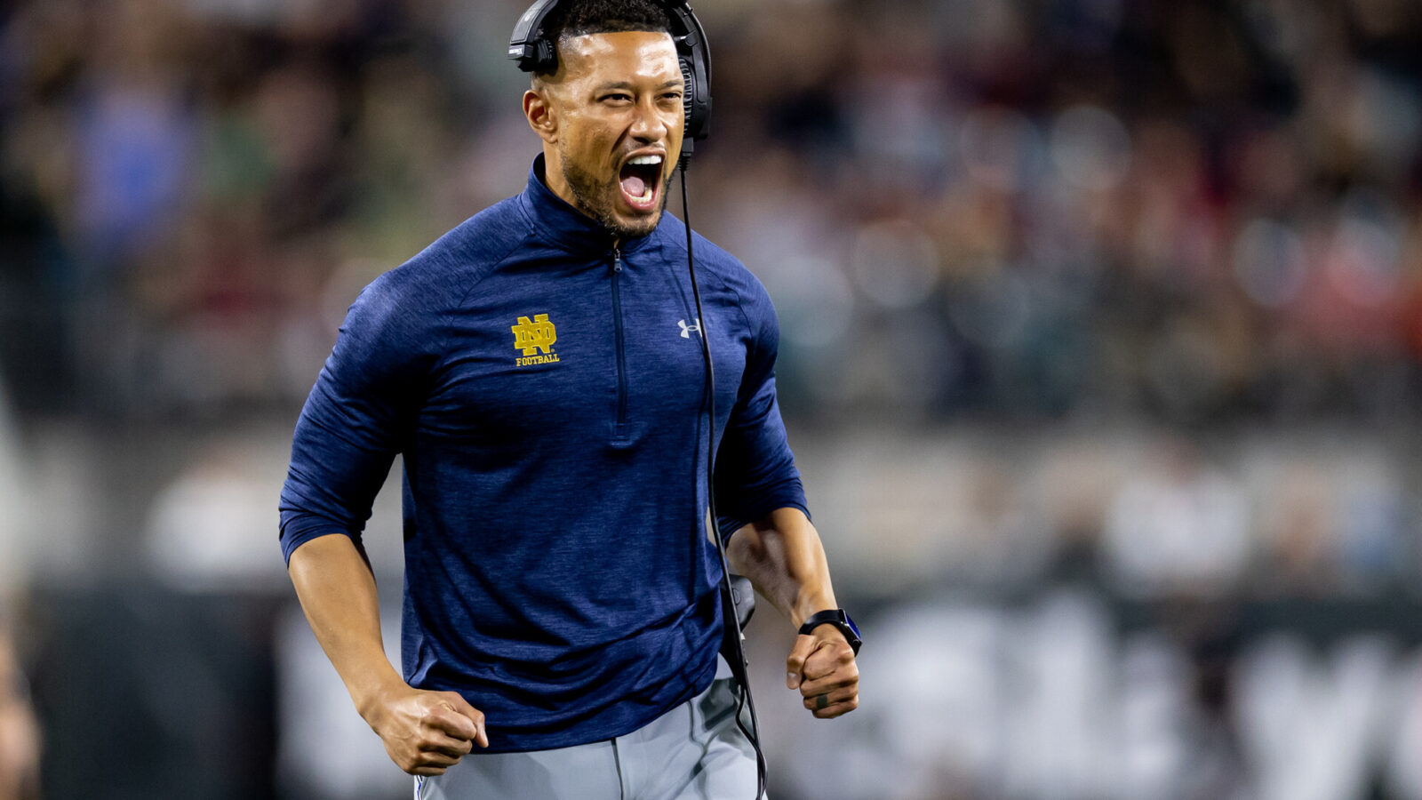 Notre Dame Fighting Irish head coach Marcus Freeman reacts after a touchdown during the second half against the South Carolina Gamecocks in the 2022 Gator Bowl at TIAA Bank Field.