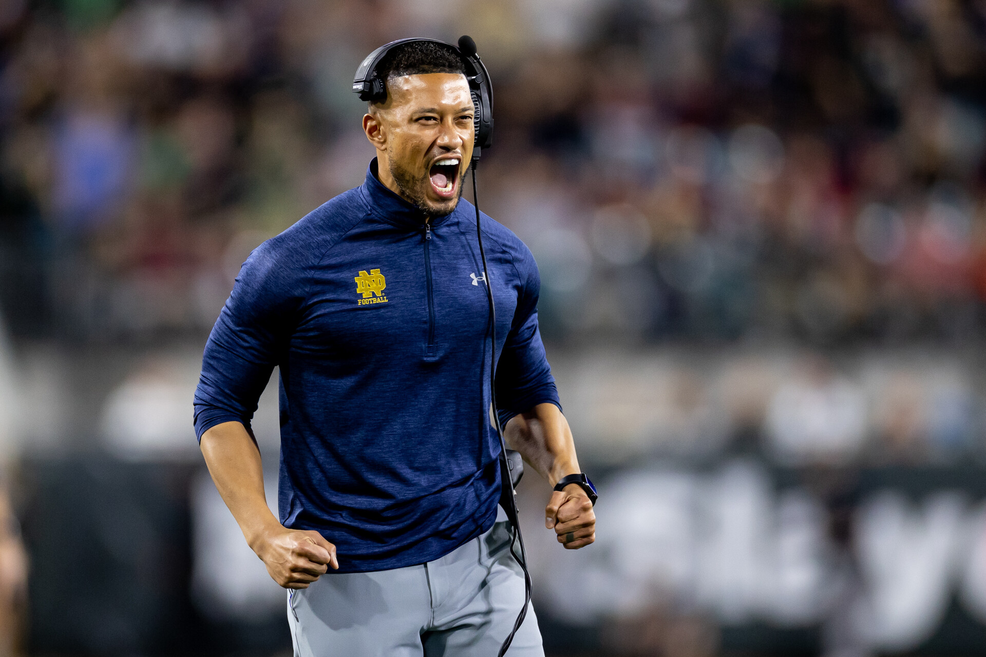 Notre Dame Fighting Irish head coach Marcus Freeman reacts after a touchdown during the second half against the South Carolina Gamecocks in the 2022 Gator Bowl at TIAA Bank Field.