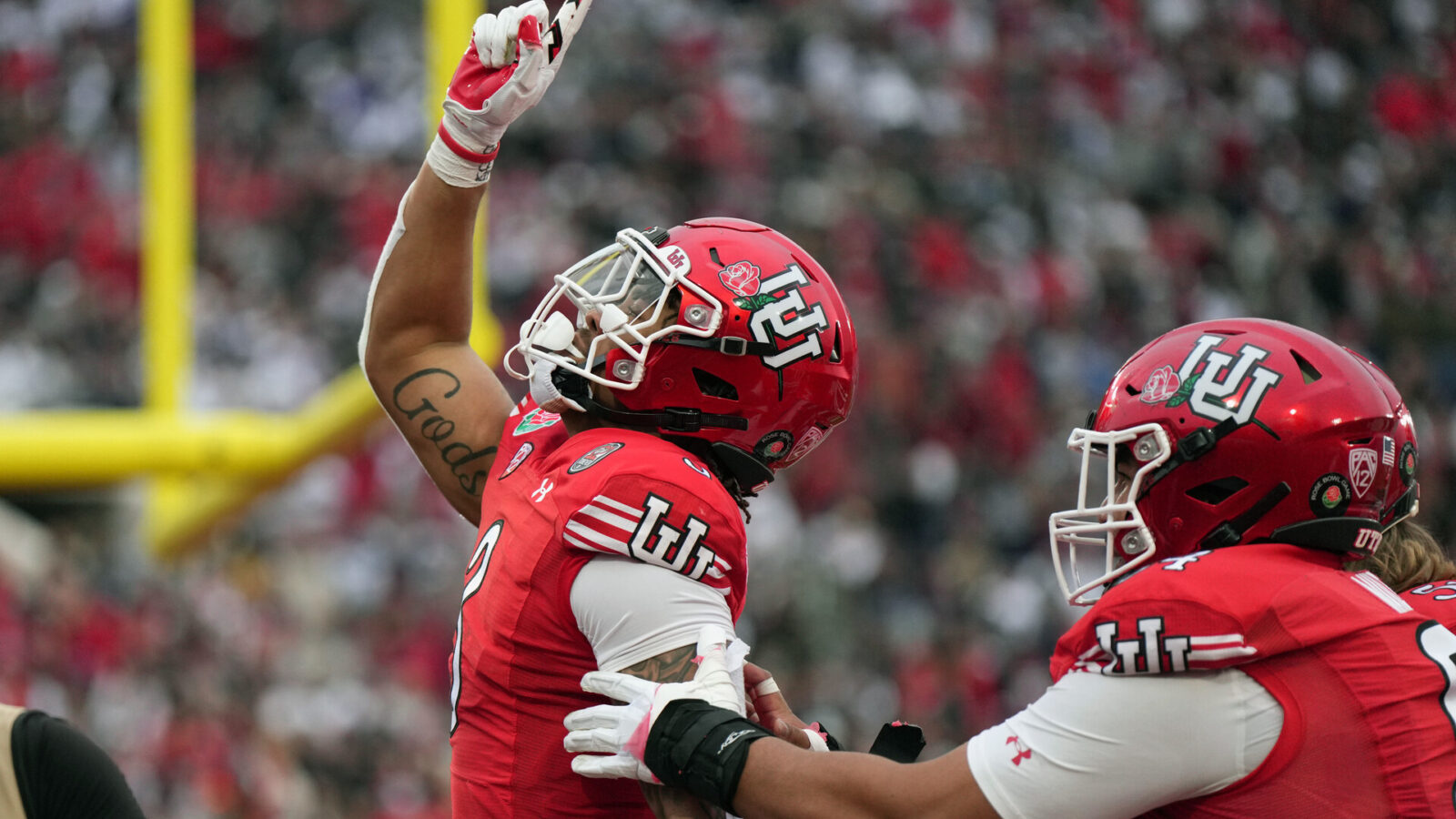 Utah Utes running back Ja'Quinden Jackson (3) celebrates after scoring a touchdown against the Penn State Nittany Lions in the second quarter of the 109th Rose Bowl game at the Rose Bowl.