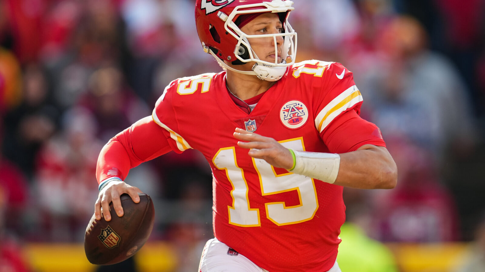 Jan 1, 2023; Kansas City, Missouri, USA; Kansas City Chiefs quarterback Patrick Mahomes (15) throws a pass during the second half against the Denver Broncos at GEHA Field at Arrowhead Stadium.