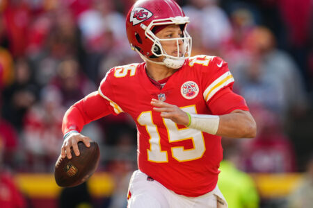 Jan 1, 2023; Kansas City, Missouri, USA; Kansas City Chiefs quarterback Patrick Mahomes (15) throws a pass during the second half against the Denver Broncos at GEHA Field at Arrowhead Stadium.