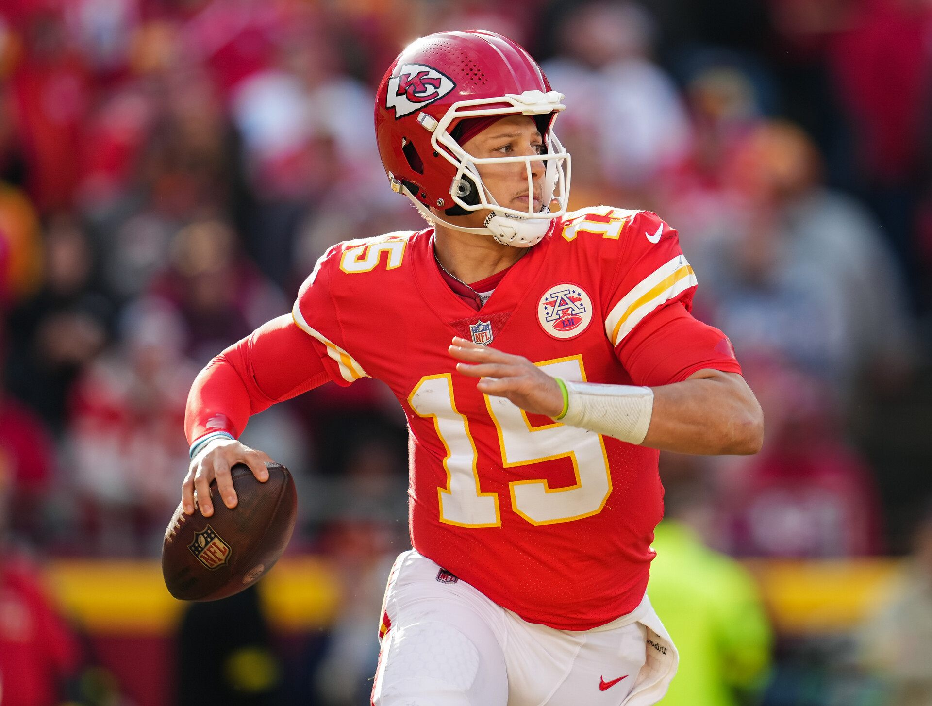Jan 1, 2023; Kansas City, Missouri, USA; Kansas City Chiefs quarterback Patrick Mahomes (15) throws a pass during the second half against the Denver Broncos at GEHA Field at Arrowhead Stadium.