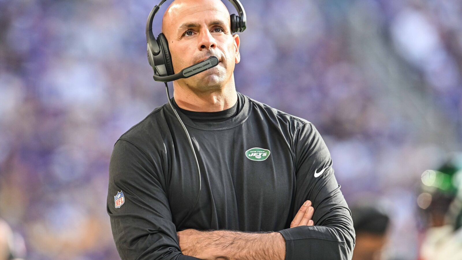 New York Jets head coach Robert Saleh looks on during the game against the Minnesota Vikings at U.S. Bank Stadium.