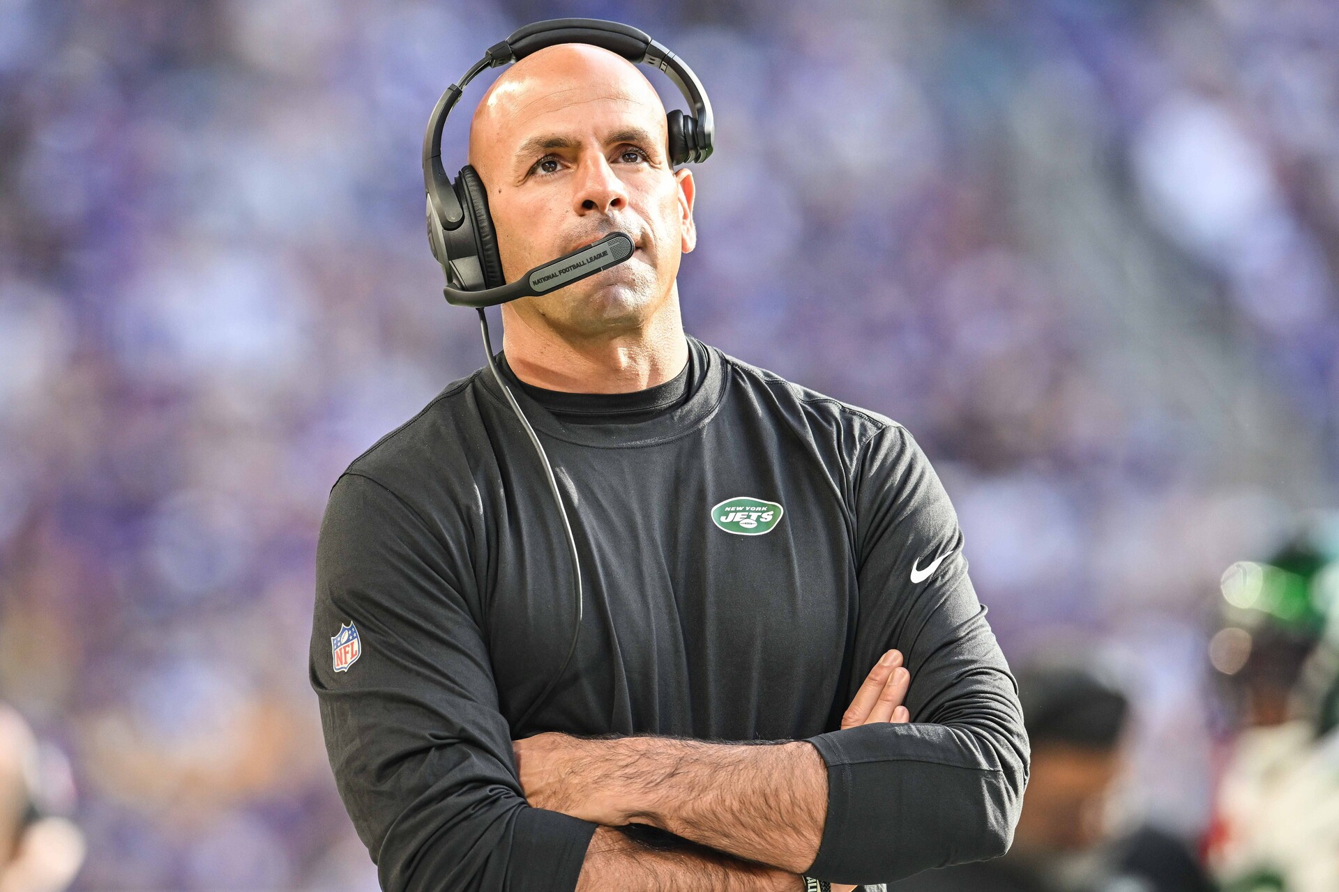 New York Jets head coach Robert Saleh looks on during the game against the Minnesota Vikings at U.S. Bank Stadium.