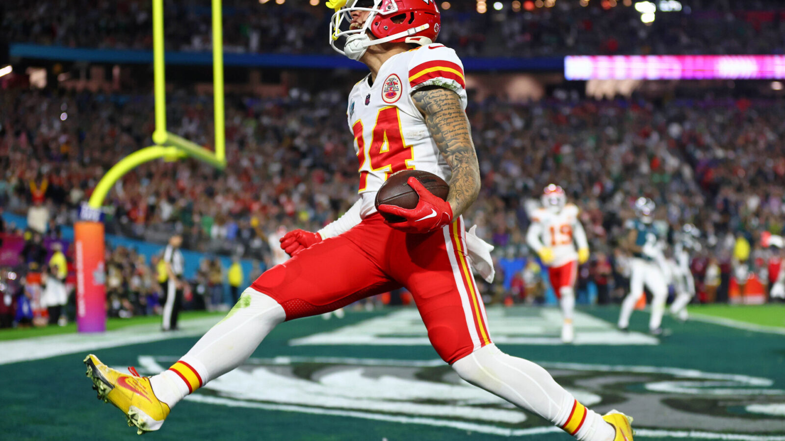 Feb 12, 2023; Glendale, Arizona, US; Kansas City Chiefs wide receiver Skyy Moore (24) celebrates after scoring a touchdown against the Philadelphia Eagles during the fourth quarter of Super Bowl LVII at State Farm Stadium.