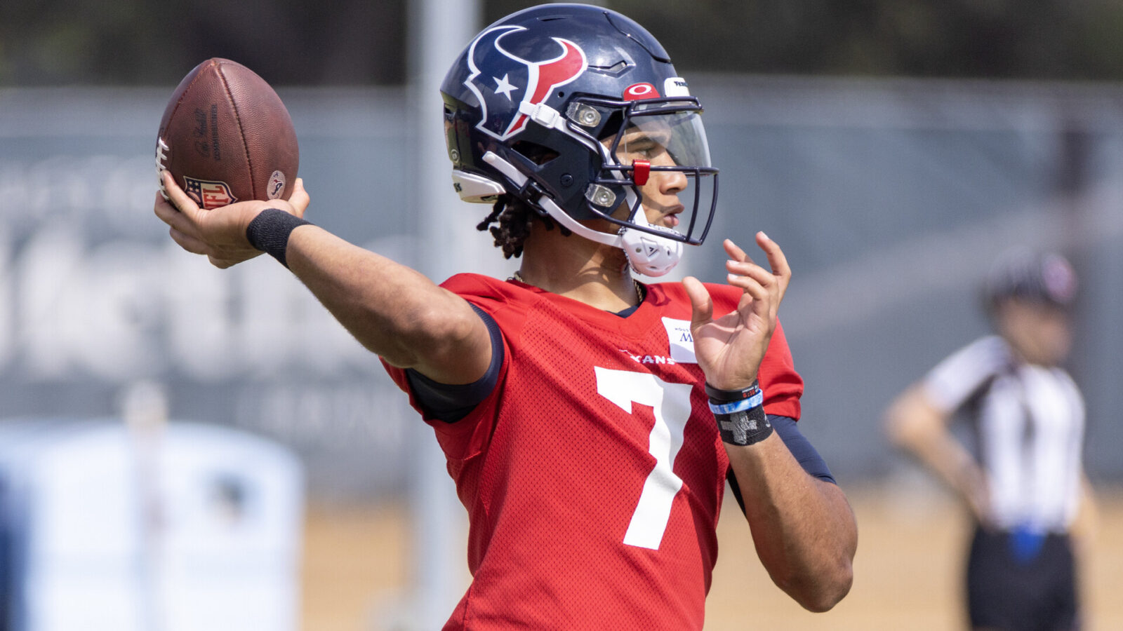 Houston Texans quarterback C.J. Stroud (7) drops back to throw during the Texans minicamp at the Houston Texans Methodist Training Center.