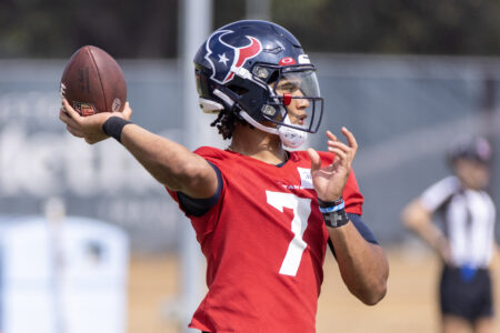 Houston Texans quarterback C.J. Stroud (7) drops back to throw during the Texans minicamp at the Houston Texans Methodist Training Center.