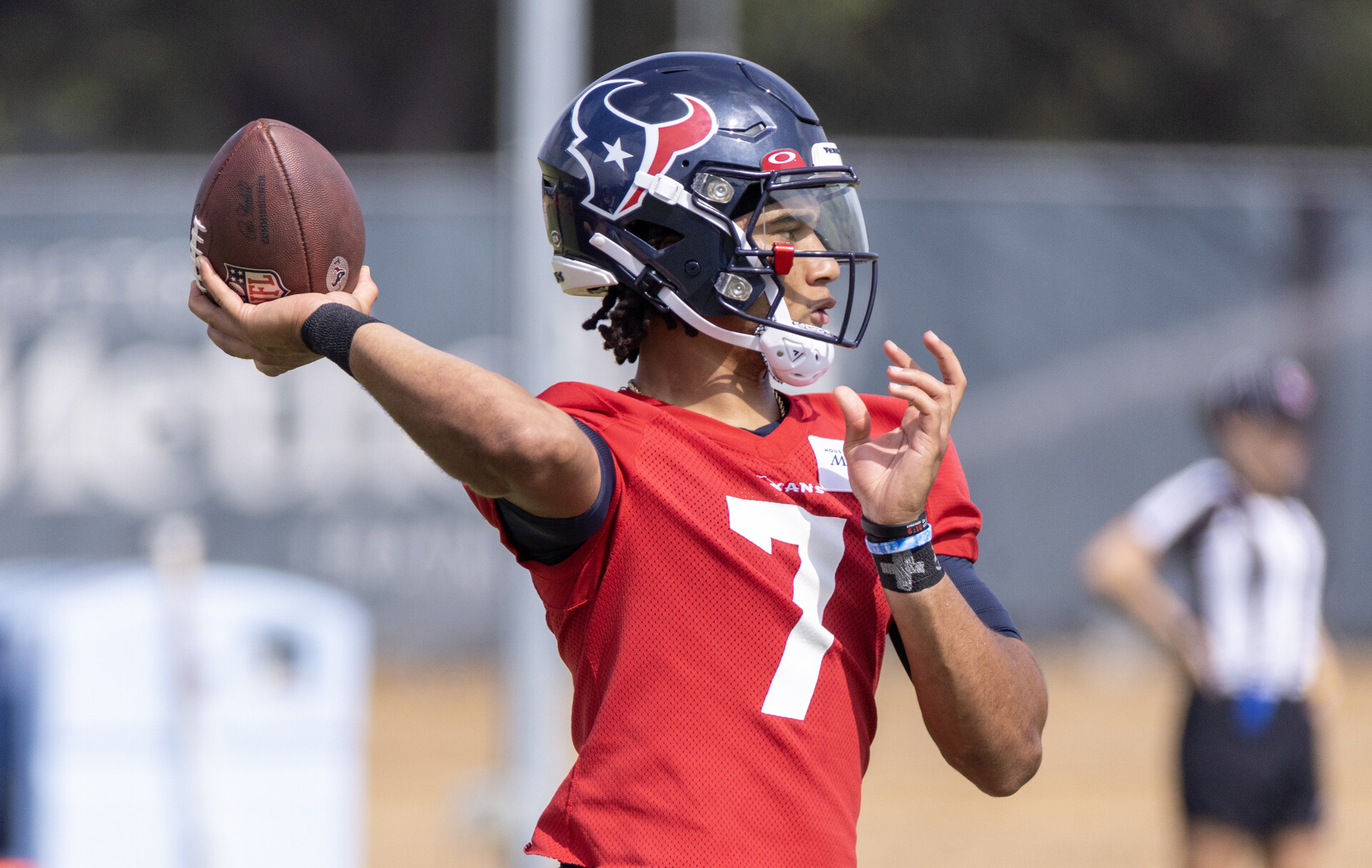 Houston Texans quarterback C.J. Stroud (7) drops back to throw during the Texans minicamp at the Houston Texans Methodist Training Center.