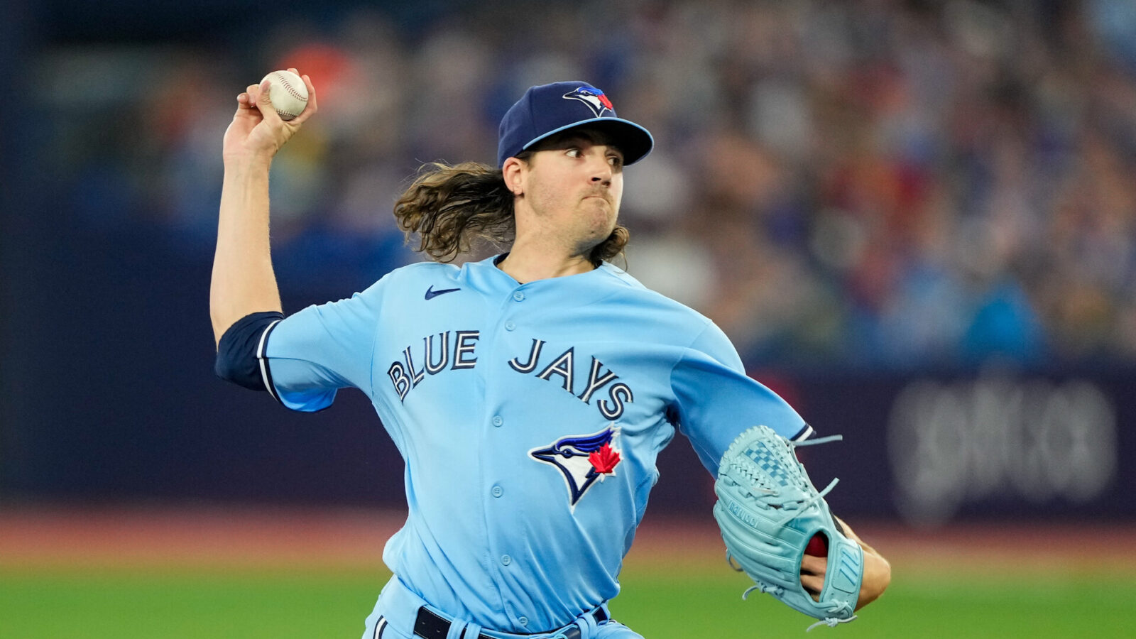 Jul 2, 2023; Toronto, Ontario, CAN; Toronto Blue Jays starting pitcher Kevin Gausman (34) pitches to the Boston Red Sox during the first inning at Rogers Centre