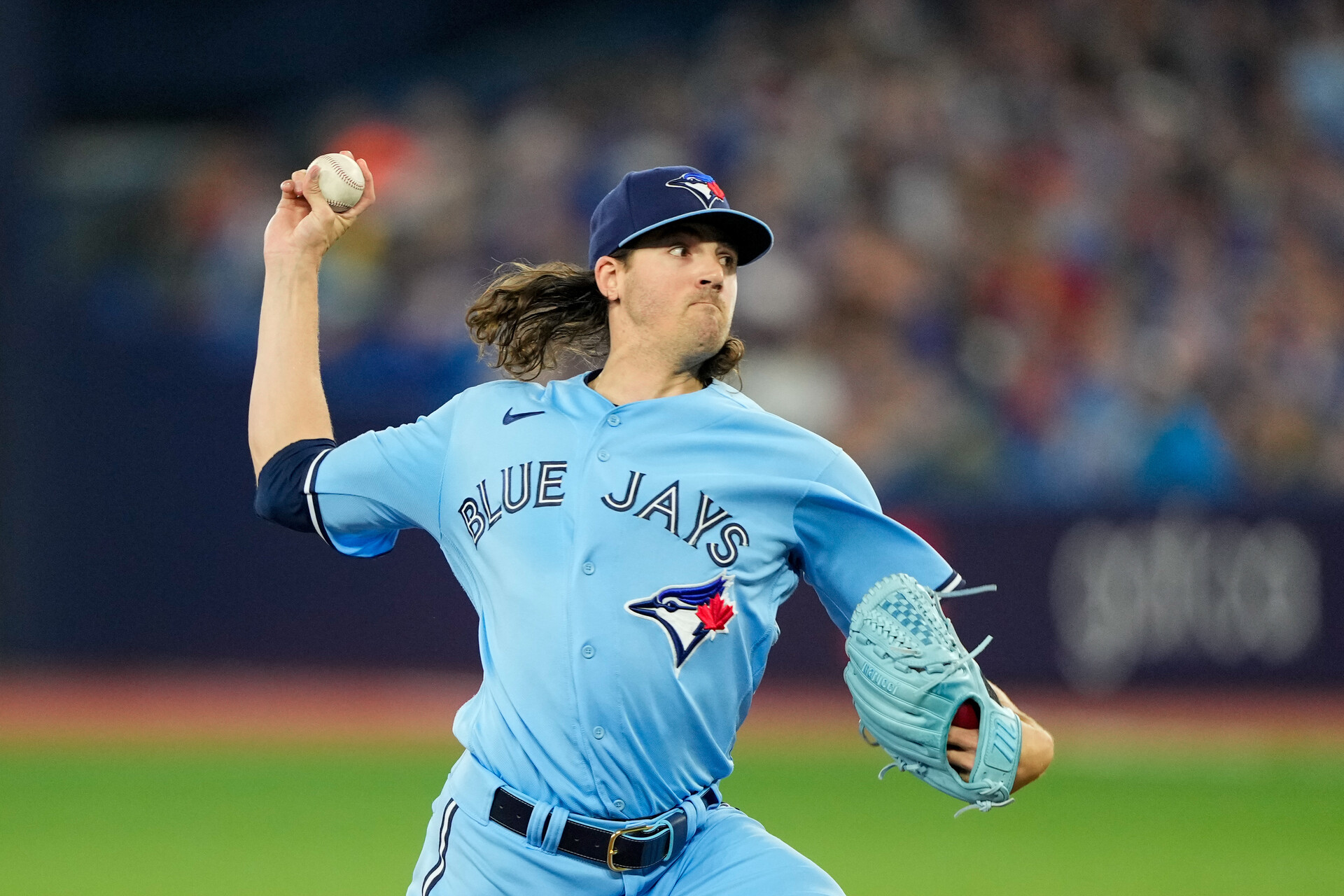 Jul 2, 2023; Toronto, Ontario, CAN; Toronto Blue Jays starting pitcher Kevin Gausman (34) pitches to the Boston Red Sox during the first inning at Rogers Centre