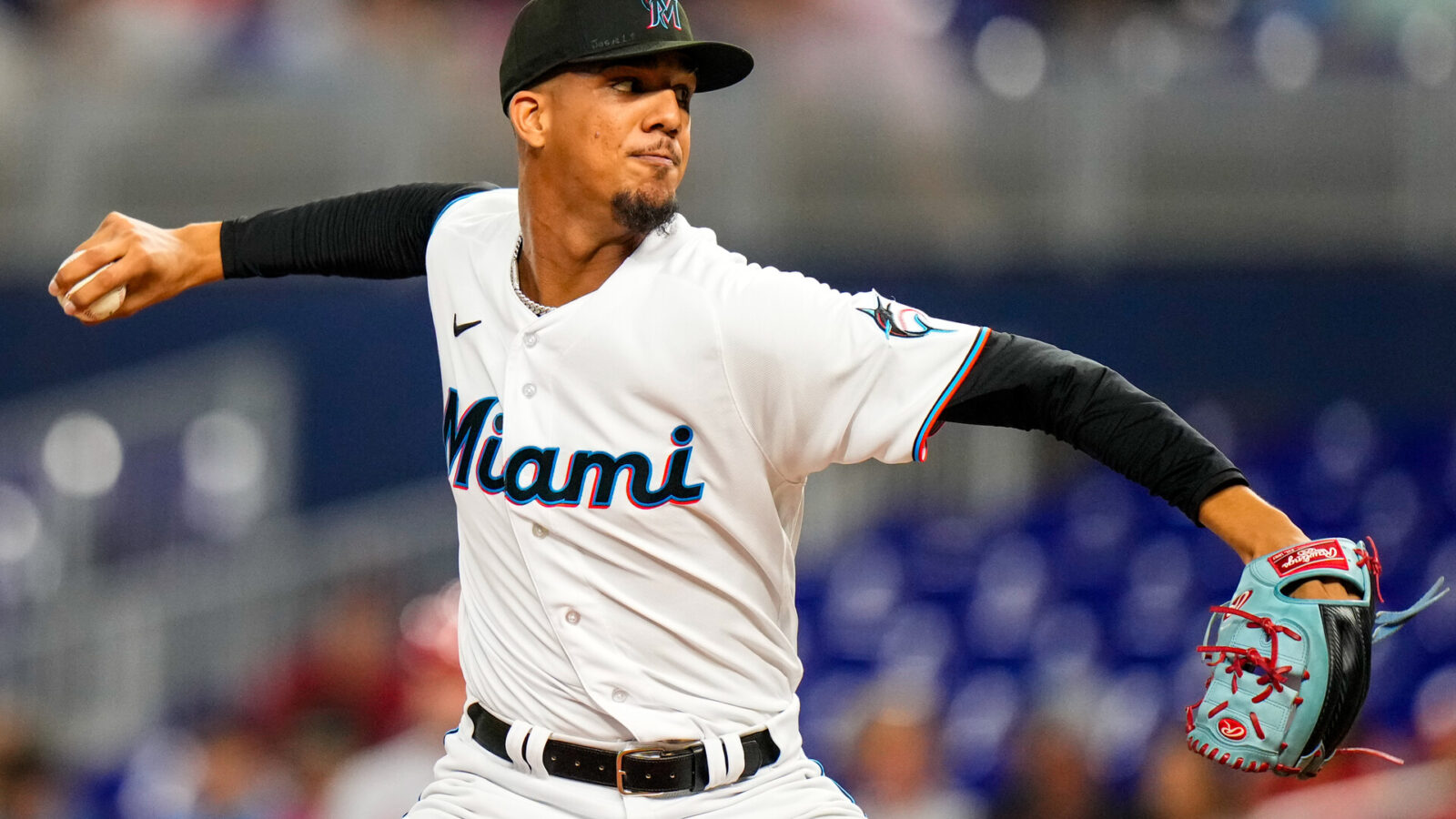 Jul 6, 2023; Miami, Florida, USA; Miami Marlins starting pitcher Eury Perez (39) throws a pitch against the St. Louis Cardinals during the first inning at loanDepot Park.