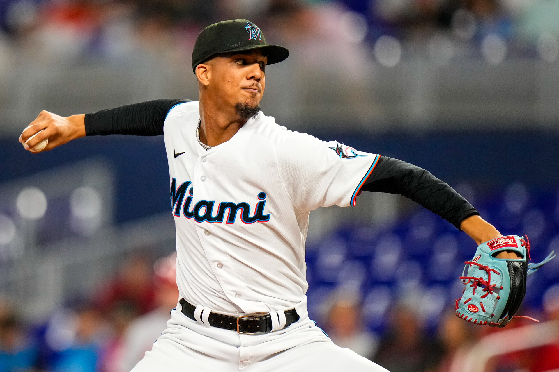 Jul 6, 2023; Miami, Florida, USA; Miami Marlins starting pitcher Eury Perez (39) throws a pitch against the St. Louis Cardinals during the first inning at loanDepot Park.