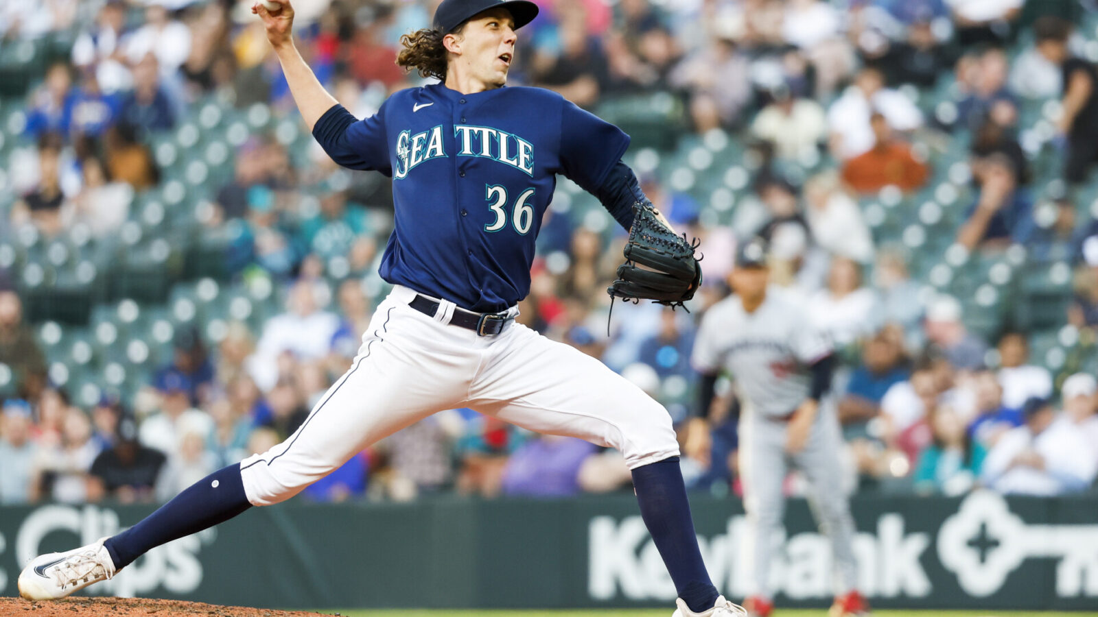 Jul 17, 2023; Seattle, Washington, USA; Seattle Mariners starting pitcher Logan Gilbert (36) throws against the Minnesota Twins during the fourth inning at T-Mobile Park.