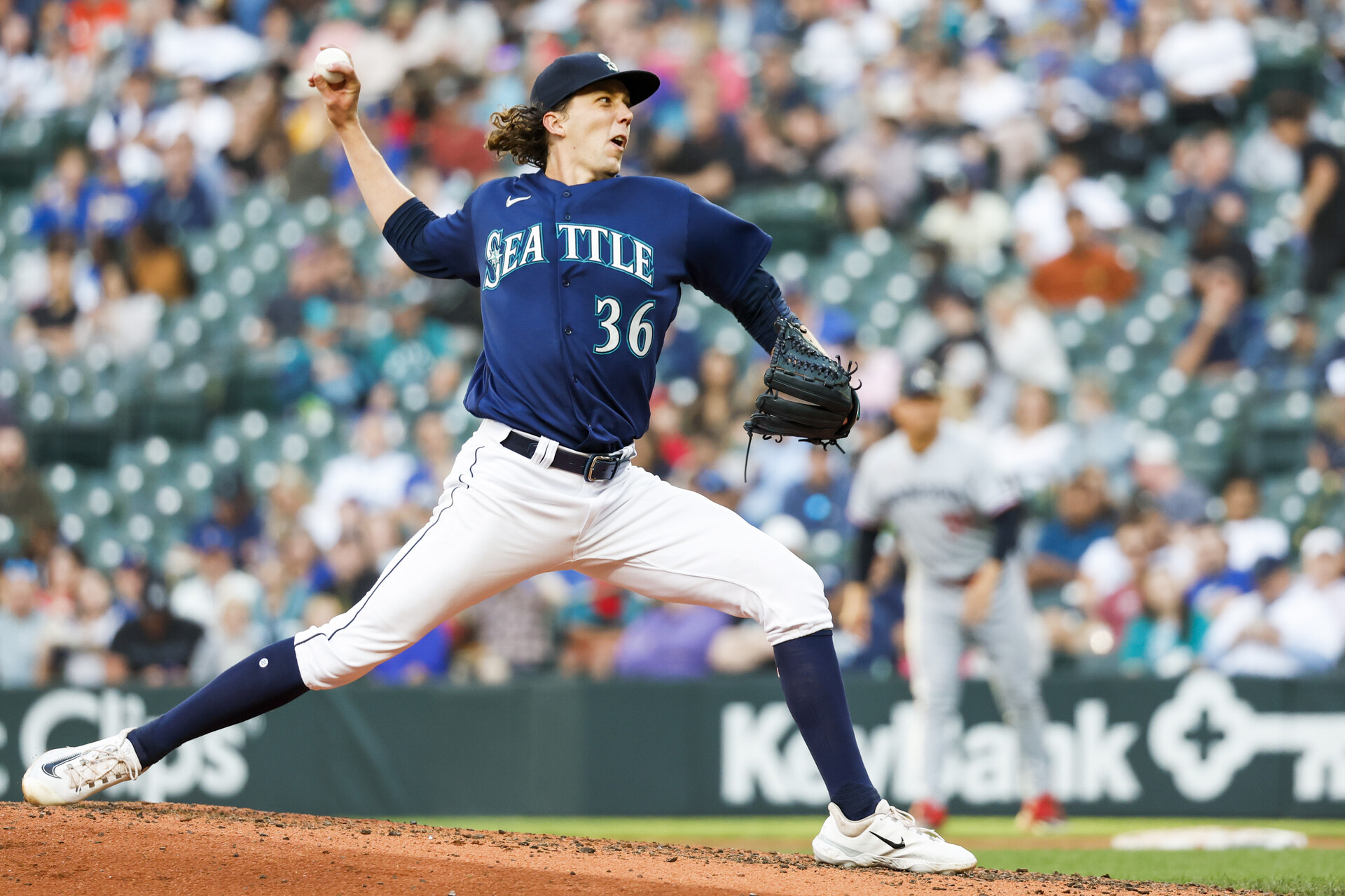 Jul 17, 2023; Seattle, Washington, USA; Seattle Mariners starting pitcher Logan Gilbert (36) throws against the Minnesota Twins during the fourth inning at T-Mobile Park.