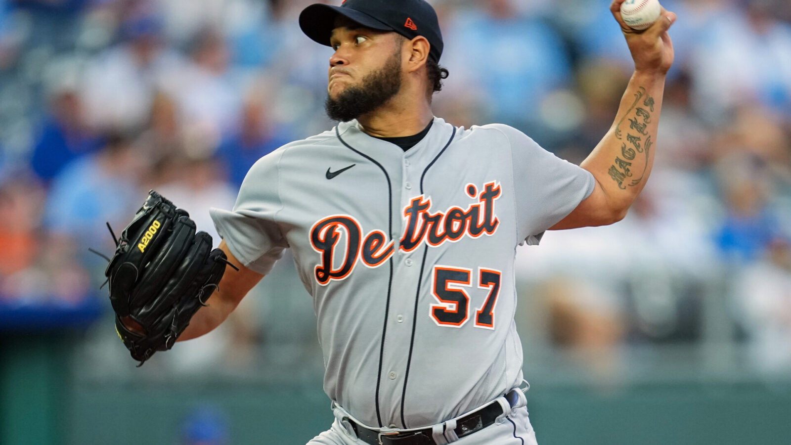 Detroit Tigers starting pitcher Eduardo Rodriguez (57) pitches during the first inning against the Kansas City Royals at Kauffman Stadium.