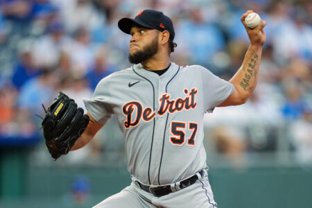 Detroit Tigers starting pitcher Eduardo Rodriguez (57) pitches during the first inning against the Kansas City Royals at Kauffman Stadium.